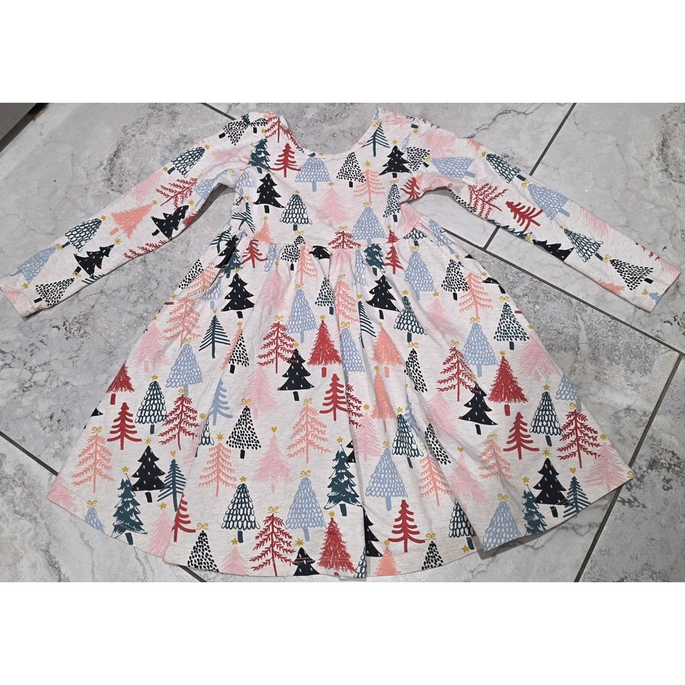Hanna Andersson Christmas Tree Print Long Sleeve Skater Dress US 5 Pockets